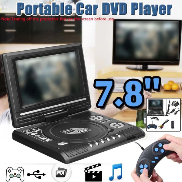 Player portátil DVD DVD Player 7,8 polegadas 16: 9 Widescreen 270 ° Rotativo LCD Screen Home Car TV DVD Player VCD MP3 Visualizador com função de jogo