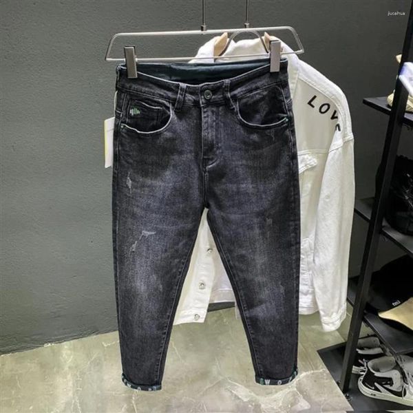 Jeans maschile in stile coreano in denim slim con mot -piede stampato primavera autunno indossare uomini pantaloni di abbigliamento di lusso