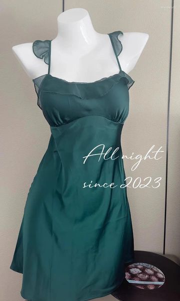 Kadınlar Yeşil Vintage Nightgown, Zarif iç çamaşırı seksi saten giyim kadınlar için yüksek kaliteli kayış gece elbisesi nuisette femme
