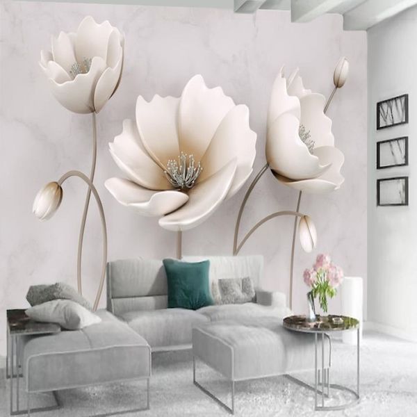 Papel de parede floral 3D personalizado nórdico elegante com textura de mármore decoração da casa de estar de sala de estar com tampa de parede de cozinha muralpap218b