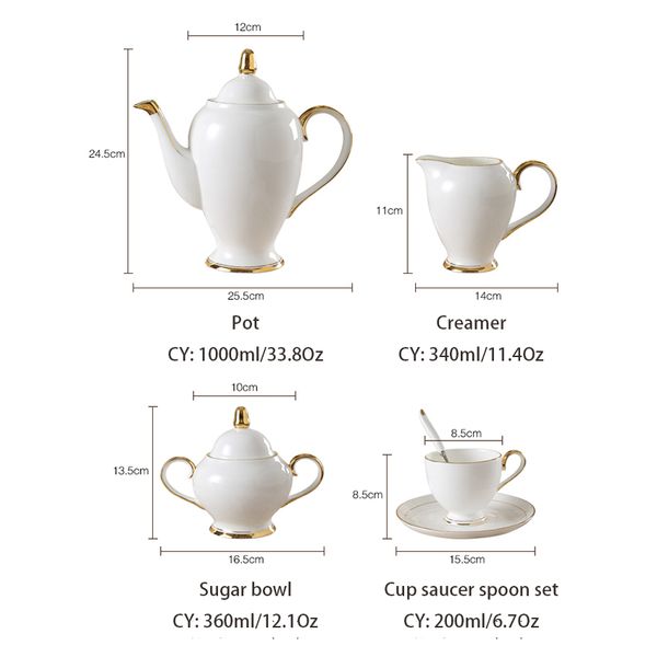 Grace Bone China Kaffee Set Weißgold Porzellan Tee Set Advanced Pot Cup Keramik Becher Zuckerschale Creamer Teekannenmilch Krug Teaset