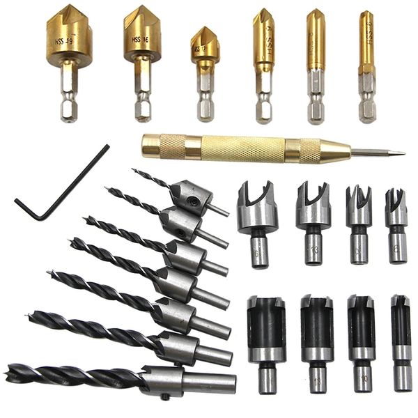 23pcs Holzbearbeitungsdiy -Schalte Countersink Bohrloch Schneidwerkzeug Set Holzstecker Bohrmaschine Positionierungsmitte Stanzbohrmaschine