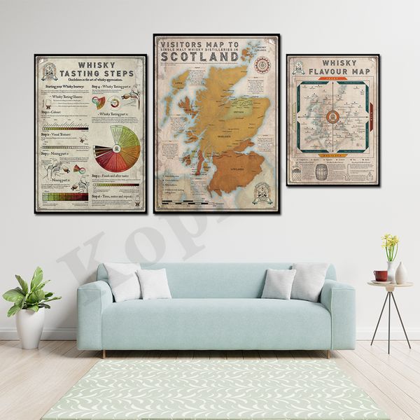 Mappa dei visitatori della distilleria whisky.Passi di degustazione.5 comandamenti.Poster della mappa dei sapori