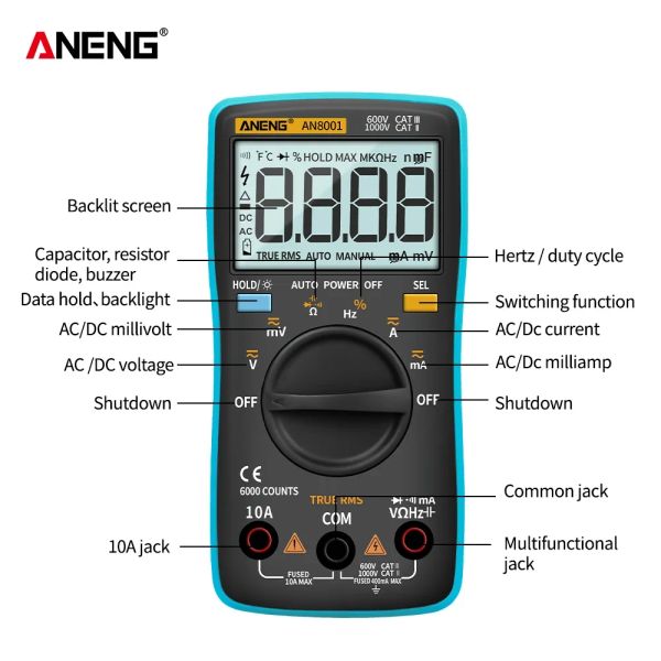 Aneng an8001 digital multimetro professionali professionali del multimetro del tester di condensatore Esrmeter Tensione Multitester Magerter Meter Tester