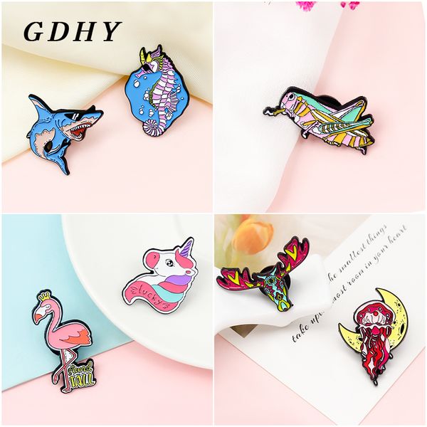 Gdhy tierinsektenschild Pin Hai Seahorse Quallen Elch Einhorn Flamingo Grasshopper Broschen Abzeichen für Frauen Schmuck Geschenk