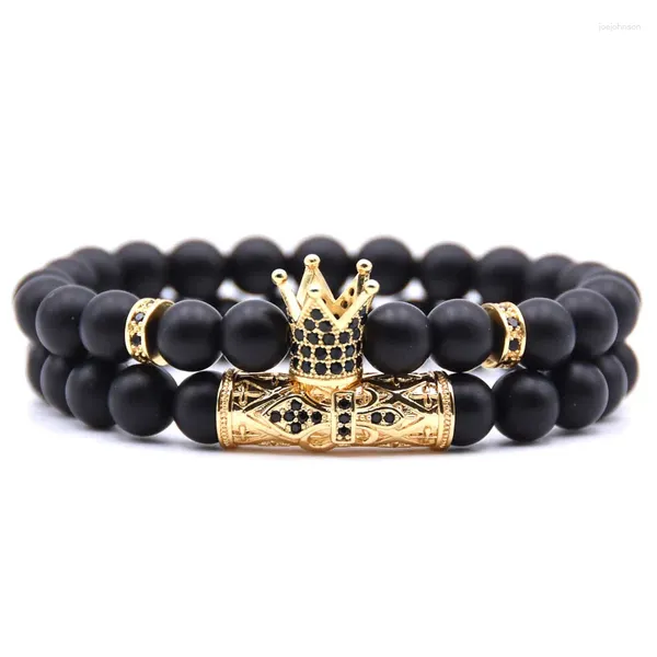 Bracelets de charme 2pcs/conjunto de bracelete masculino preto fixo de pedra fosca de lixo Crown de zirconia braclet para namorado festival