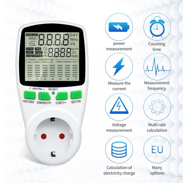 220V AC Digital Power Medidor LCD Wattmeter Soquete Wattage KWH Medidor de energia Eu