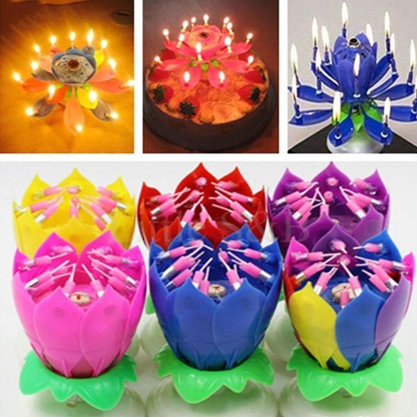 Innovative Party Cake Candle Musical Lotus Blume rotieren alles Gute zum Geburtstag Kerze Leicht DIY Cake Decor für Ihre Familien, Freunde