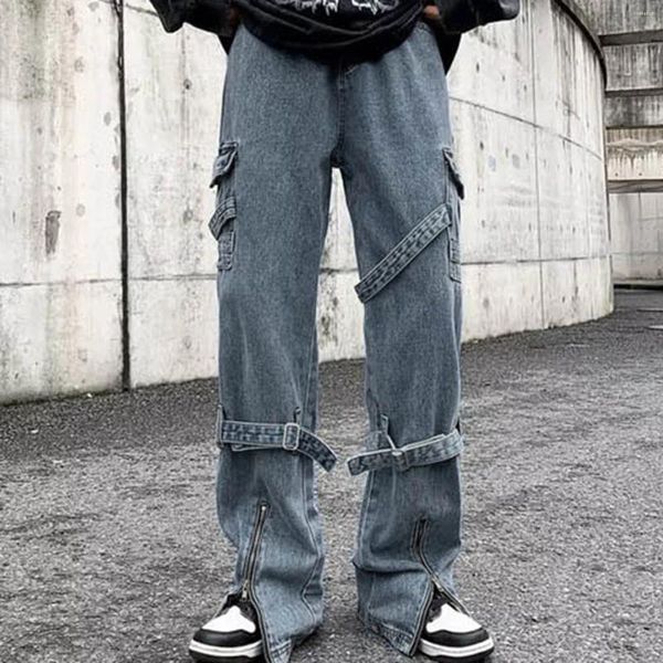 Jeans da uomo cargo man cerniera con cerniera nastri hip hop pantaloni di denim in gamba di moda coreana gamba larga 2000s y2k per uomini