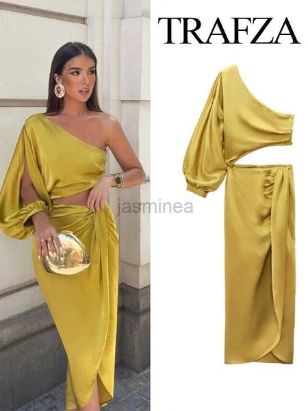 Urban sexy Kleider Trafza Kleid für Frauen gelbe asymmetrische Satin ausschneiden lange Kleid Frauen abgerollt von Schulter eleganter Kleider Abend Party Drive 24410