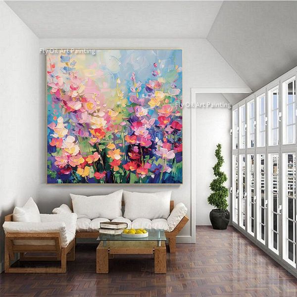 Abstrakte bunte Blumenwandkunstdekoration Rosa Blumen Ölmalerei Impressionismus für Wohnzimmer Haus Abstraktes Leinwand Malerei handgefertigte moderne Kunstwerke