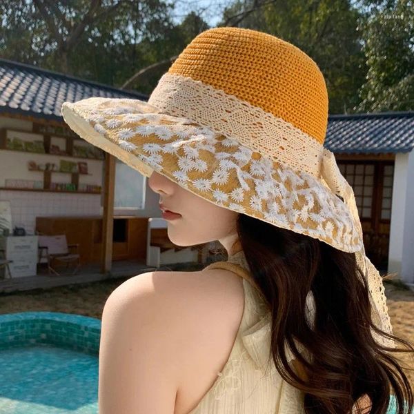 Cappelli larghi Brim Versione coreana della piccola protezione da viaggio estiva di berretto da sole in pizzo fresco in pizzo big eaves Beach Bow per le donne