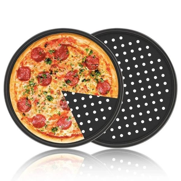 Pizza Pfanne mit Löcher Kohlenstoffstahl perforierte Backpfanne runde Pizza knusprige Kruste Tablett Backware Set Kochzubehör