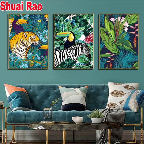 Toucan Flamingo Tiger Forest Animal Wind Art 3 Piece Diamond Painting Nordic Poster для гостиной картинка триптих живопись,