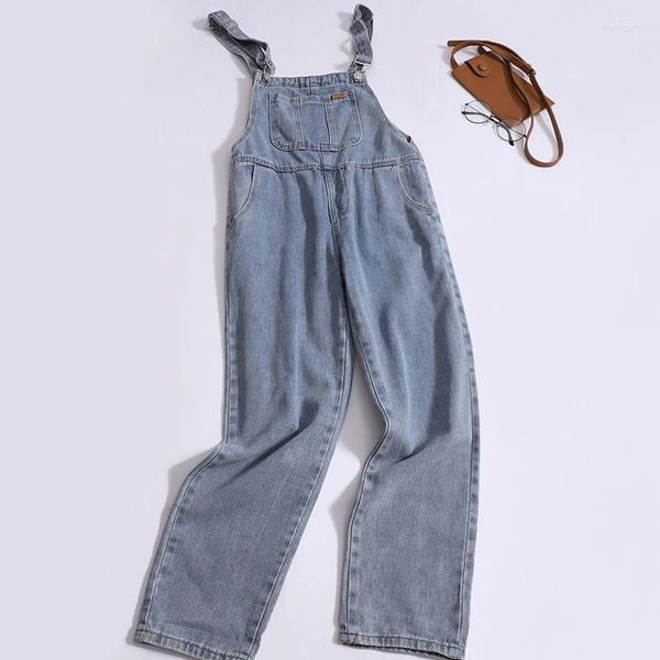 Frauenhose Denim Overalls Frauen 2024 Frühlings Herbst -Gerade -Beinjeans mit verzierten Taschen lose hohe Taillenhosen