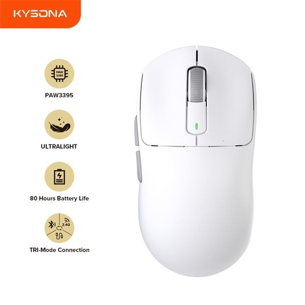 Kysona M600 Paw3395 White Wireless Gaming ESports Mouse 55G 26000DPI 6 pulsanti Ottici PAM3395 Topi per computer per laptop 240401