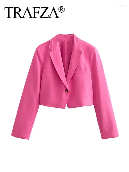 Frauenanzüge Trafza weibliche Modemäntel Rose rote Turnhalterkragen Langarm Tasche Dekoration Single Button Spring Blazer Frau 2024