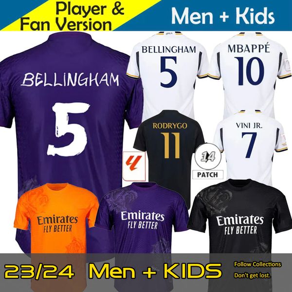 Mbappe Bellingham Real Madrids Futbol Forması 23 24 25 Y-3 Çocuk Kiti 2023 2024 Evde Üçüncü Dördüncü Y3 Futbol Gömlek Camiseta Rodrygo Vini Jr Plus Boyut S-XXL Mor Siyah