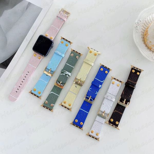 Luxo Floral Designer Watch Band tapas para maçã iwatch 9 8 7 6 5 4 3 2 SE Ultra Rivet Pulset Watchband Band Substacement Leather 38mm 40mm 41mm 42mm 45mm 49mm
