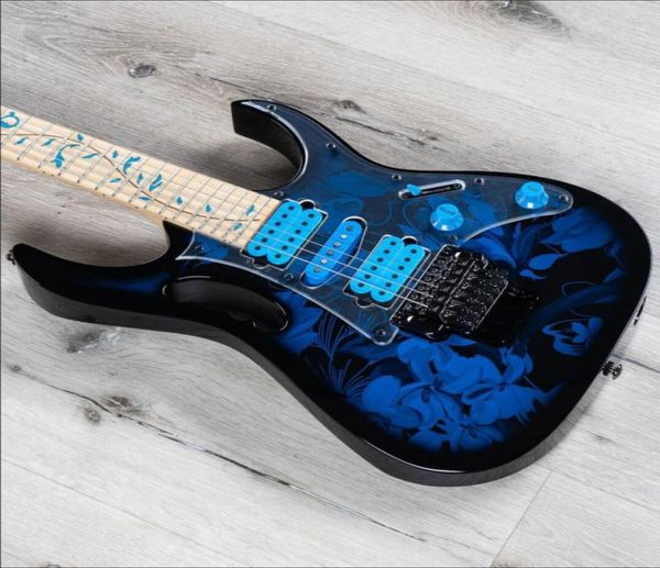 Mavi Çiçek Deseni Çiçek Elektrikli Gitar Jem77p Stevevai Premium 5 Parça Boyun Ağacı Kakma Floyd Rose Tremolo Köprüsü WHAMM3859988
