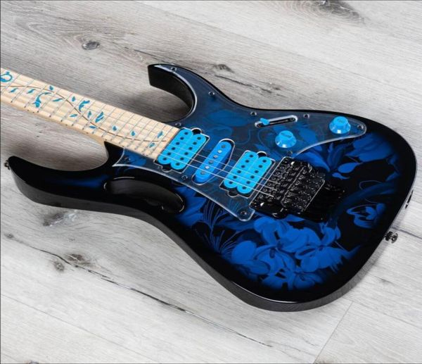 Blau Blumenmuster Blume Elektretarist Gitarre JEM77P Stevevai Premium 5 -teilig Nackenbaum des Lebens Inlay Floyd Rose Tremolo Bridge WAMM3859988