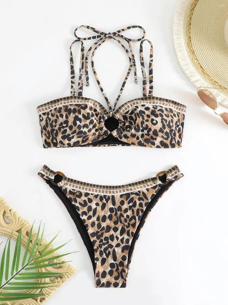 Costumi da bagno femminile sexy set di bikini con stampa leopardata nera 2024 Donne Halter Hollow Out Spinge Up Swimsuit Sumpi Summer Beach Bareding Subito Micro