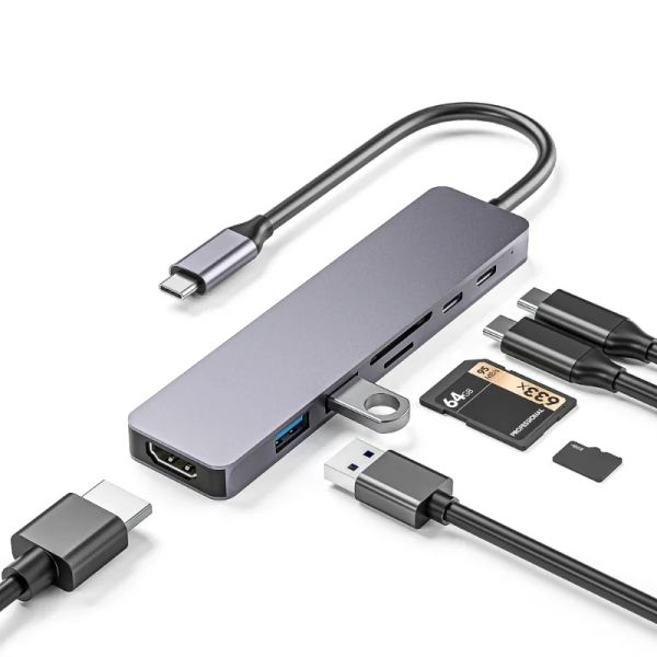 Hubs 7 in 1 Typ C Hub USB C -Dock für Laptop -Desktop, 2XUSB3.0 4K -Portanzeige, USB -Anschlüsse, schnelles Laden, Aluminiumlegierung