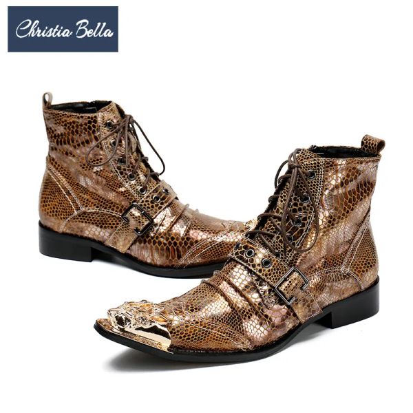 Botlar Christia Bella İtalyan erkek ayak bileği botlar metal sivri ayak parmağı erkekler kısa botlar gerçek deri altın dantel yukarı motosiklet kovboy botlar