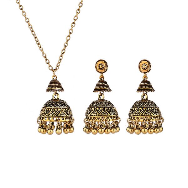 Ethnische Vintage Gold Farbglocken Quasten Schmuck Sets Frauen Ohrring Halskette Indische Mariage Bijoux Braut Hochzeit Gypsy Jewelry