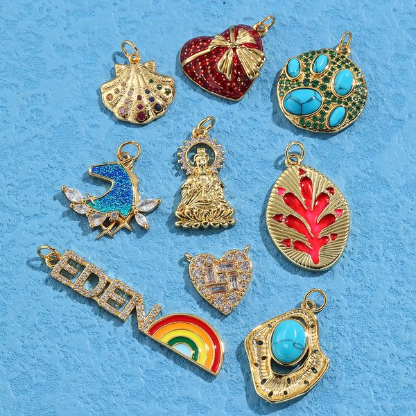 Linda arco -íris Shell Heart Charms para jóias fabricando suprimentos de coloração dourada de esmalte Dijes Acessórios Diy Brincho