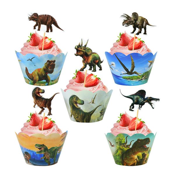 24pcs Dinozor Doğum Günü Cupcake Sargılar Dino Roar Jungle Safari Kek Bebek Duş Çocukları İçin Topper Kek Kupası Jurassic Party Dekor