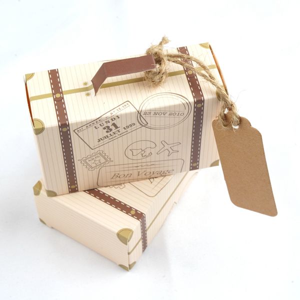 Kraft DIY Vintage Mini Koffer Candy Box mit Tags Schokoladenverpackung Geschenkboxen Party Hochzeit Gunst für Gäste 10pcs/Los