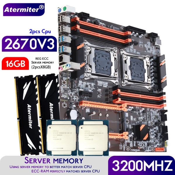 Материнские платы Atermiter Dual X99 Материнская плата с LGA20113 Xeon E5 2670 V3 *2 ЦП с 2PCSX8GB = 16 ГБ DDR4 3200 МГц Комбо комплект памяти сервера.