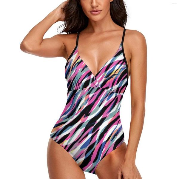 Mutada de banho feminina colorida zebra tênis de maiô de zebra abstrato listras de uma peça de mancha de maçapão