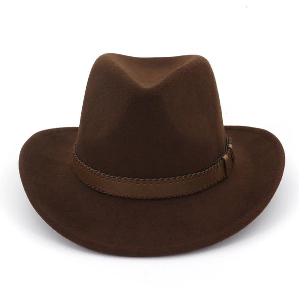 Qbhat wide brim wool feltro cowboy fedora chapé com banda de couro marrom escuro Mulheres homens Classic Party Cap formal Hat Wholesale 240410