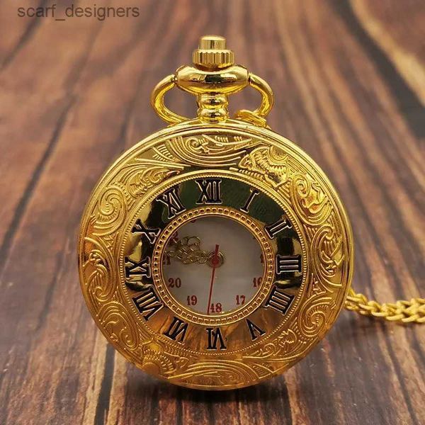 Pocket Watches Luxus Gold Römisch Digital Quarz Pocket Chain Herren Höhlengehäuse Retro Anhänger Halskette Herren Bestes Geschenk Y240410