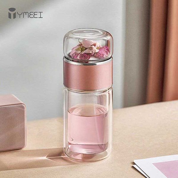 Tazze ymeei da 280 ml bottiglia d'acqua tè ad alta borosilicato in vetro doppia parete a parete tazza di acqua di vetro portatile filtro tè in acciaio inossidabile 240410