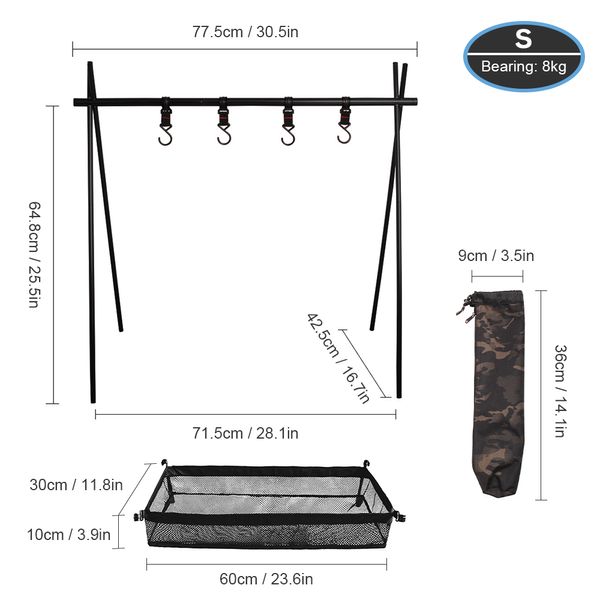 Outdoor -Kochgeschirr -Hängsregal mit Unterbeutel Hanging Organizer Ständer -Support -Halterung 8 kg Lager Faltbares tragbares Rack