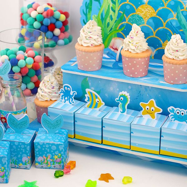 Mermaid Party Cake Topper Birthday Birthing Sighes Boxes Glitter Centrotavola di carta Coppa di carta Mermaid Party Forniture su misura