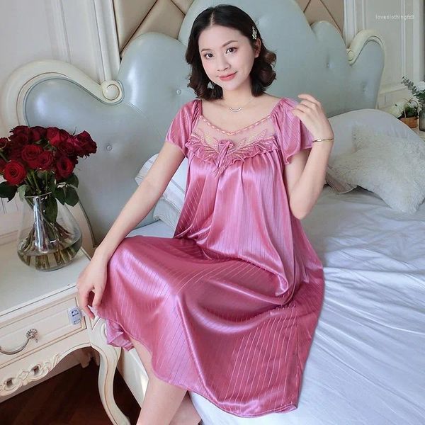 Женская одежда для сна, дамы ледяные шелковые ночные рубашки для сна, средняя длина с короткой рукавом, сеть сексуальная домашняя одежда лаунж -одежда пижама