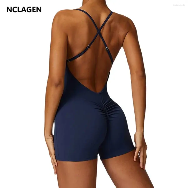 Set attivi Nclagen Sports Play -Suit in esecuzione di tute fitness Donne incrociate regolabile un pezzo di yoga Shoga Shorts Shorts Set senza schienale PMER