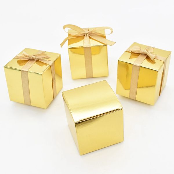 10pcs Gold Silver Paper Candy Box Square Chocolate Presente Caixas de embalagens de chá de bebê Festas de festas de aniversário favores de casamento