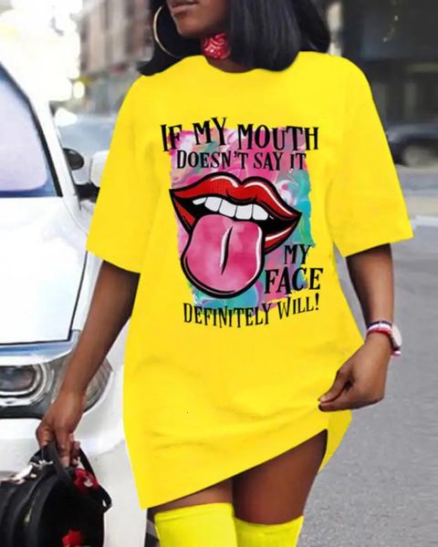 Plus Size Womens Fashion Kleider im Freien Halfter Haus dehnbares Nachthemd sexy farbenfrohe Lippen gedruckter Straßenknierock 240410