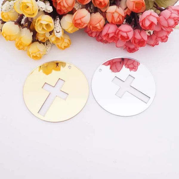 50pcs Acrylspiegel kleine runde Kreuz -Tags Babyparty Tischdekor Taufe Einladungen Karten Party Gastgeschenk Taufe Dekor