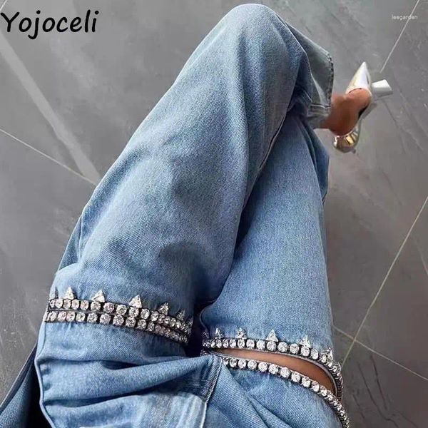 Jeans femininos Yojoceli Hollow Out Sexy Rehinestone Diamonds reta Casual Mulheres High Caist