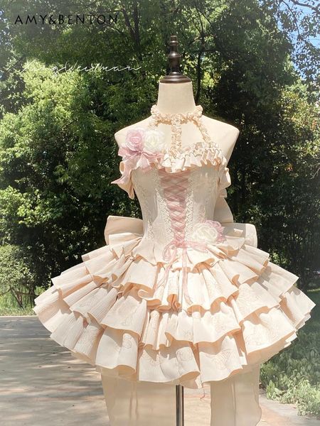 Lässige Kleider süße Prinzessin Gorgeous Lolita Mini Sexy Halfter ärmellose Kreuz schnüren schlankes Ballkleid Kleid für Frauen Abendkleidung