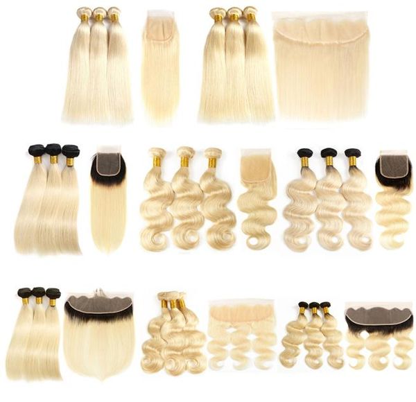 Fasci di capelli umani di alta qualità con chiusura in pizzo frontale 613 1b613 capelli biondi ombre interi venditori brasiliani dritti corpo W6511606