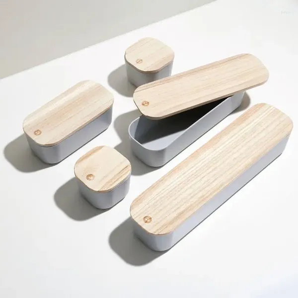 Scatole di stoccaggio armonia grigia: bidoni dell'organizzazione in plastica riciclati da 5 pacchetti con coperchi in legno