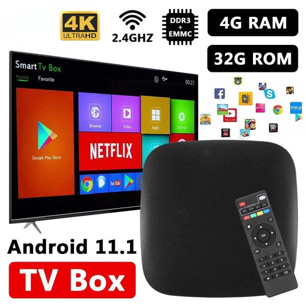 Box Smart TV Box Upgrade DDR3+EMMC Android 11 TV Box AmLogic 2.4g WiFi 4K H.265 4GB RAM 32G Media Player Set muito rápido