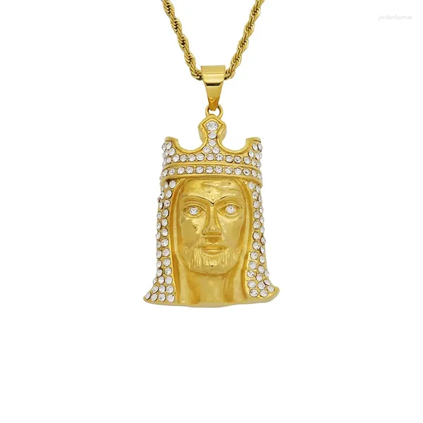 Colares pendentes Hip Hop Bling gelo de cor dourada coroa de aço inoxidável Jesus pendentes para homens Rapper Jewelry Gift